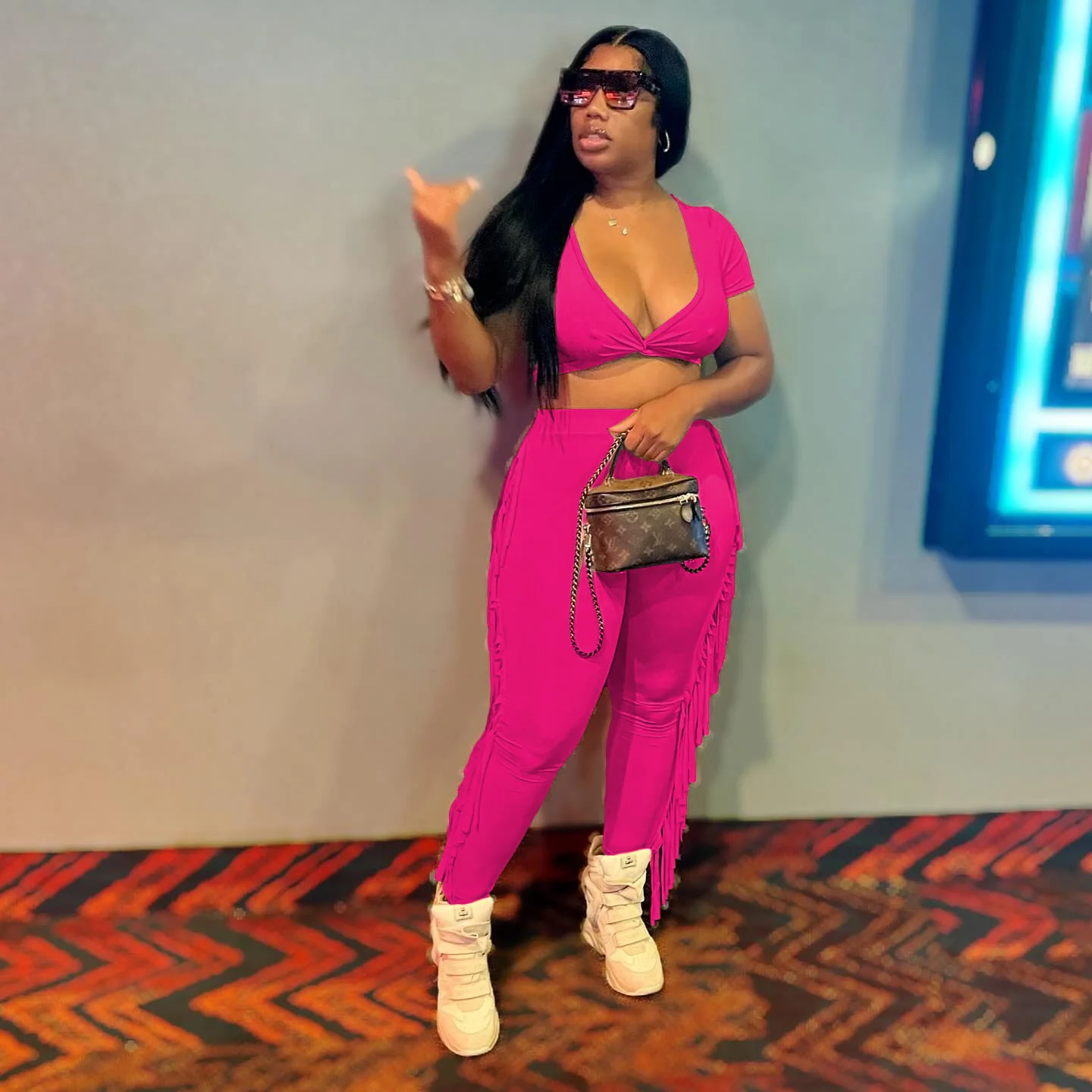 

MUDAN Fashion Women's Set Draped V-neck Crop Tee and Tassel Pants Suit 2023 Active Street INS Two 2 Piece Set Outfit Tracksuit