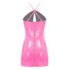 Womens Wet Look Latex Mini Dress PU Leather Lingerie Halter Bodycon Dress Latex Catsuit Hollow Out Short Dress Rave Clubwear 5