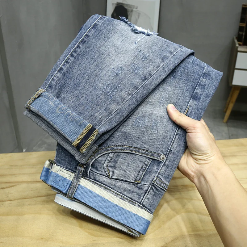 2024 Spring And Summer Light Luxury High-End Men'S Jeans Tide Simple Loose Straight Hole Patch Trend Casual Fashion Slim Denim