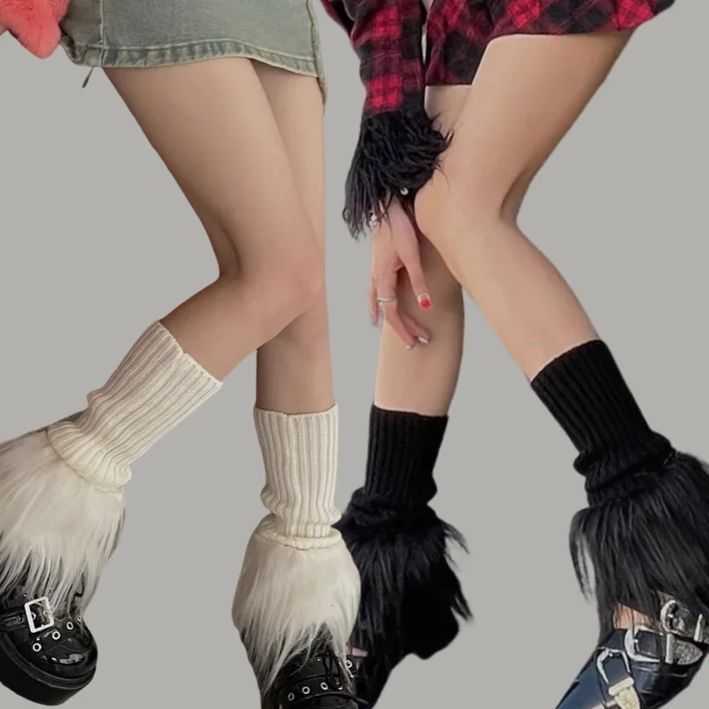 Women's Artificial Fur Leg Warmers Harajuku Y2K Lolita Autumn Winter Black and White Knitted Socks Leg Warmers for Women Girls