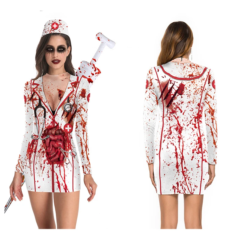 Halloween Horror Blood Nurse Uniform Cosplay Costumes Women Girls Dress Printing Stocking Skirt Party Carnival Masquerade Suit