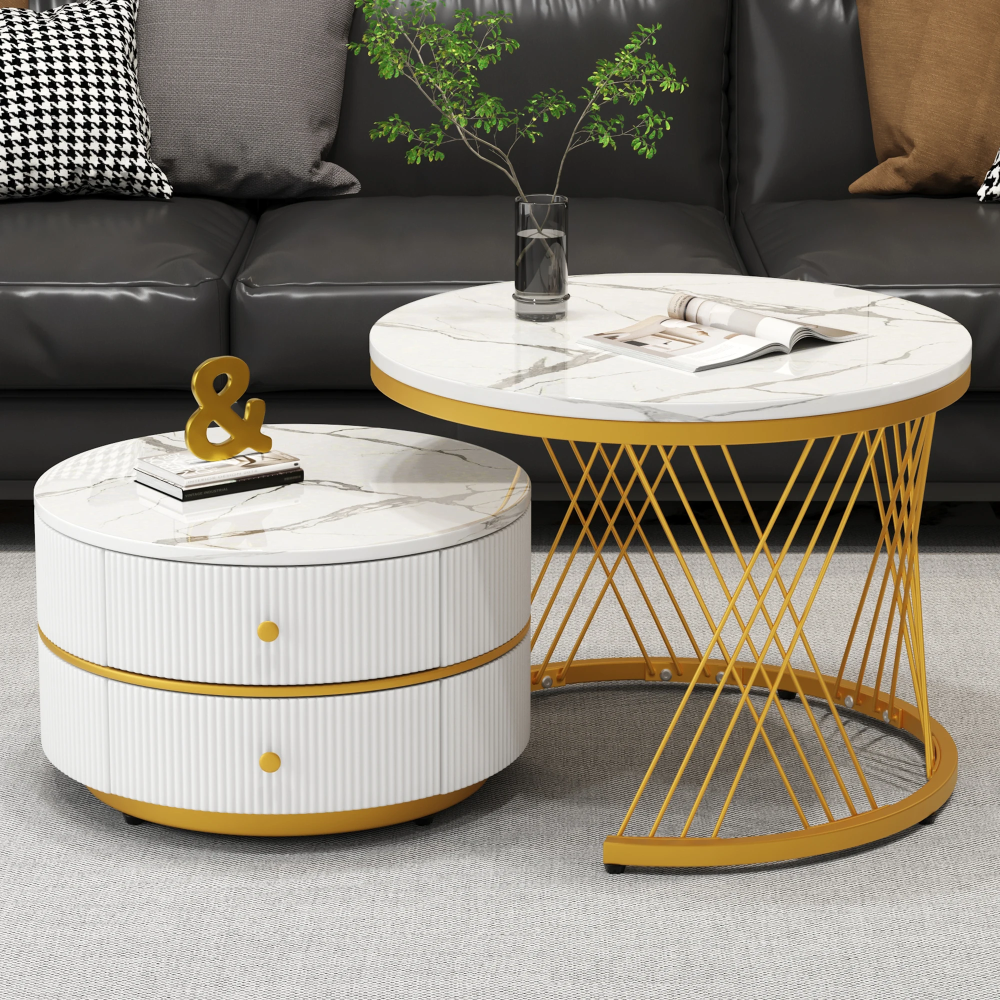 KOMHTOM 2-teiliges Nest-Couchtisch-Set - Runde Tische 60x60x46cm & 50x50x31cm mit hochglänzender Marmoroptik, 2 Schubladen – Detail 1
