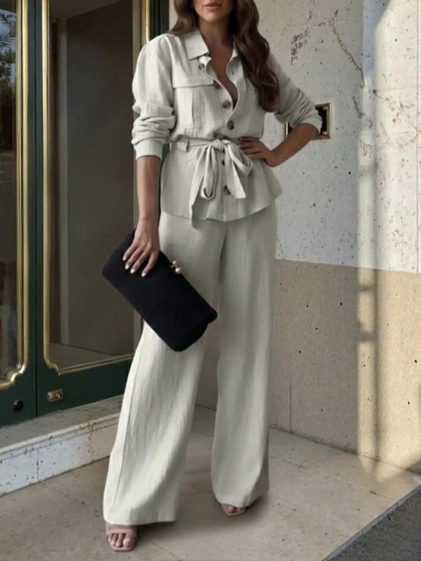 Women's Casual Fashion Retro Long-Sleeved Single-Breasted Elegant Tie-Waist Top and Wide-Leg Pants Work and Party Set - 3