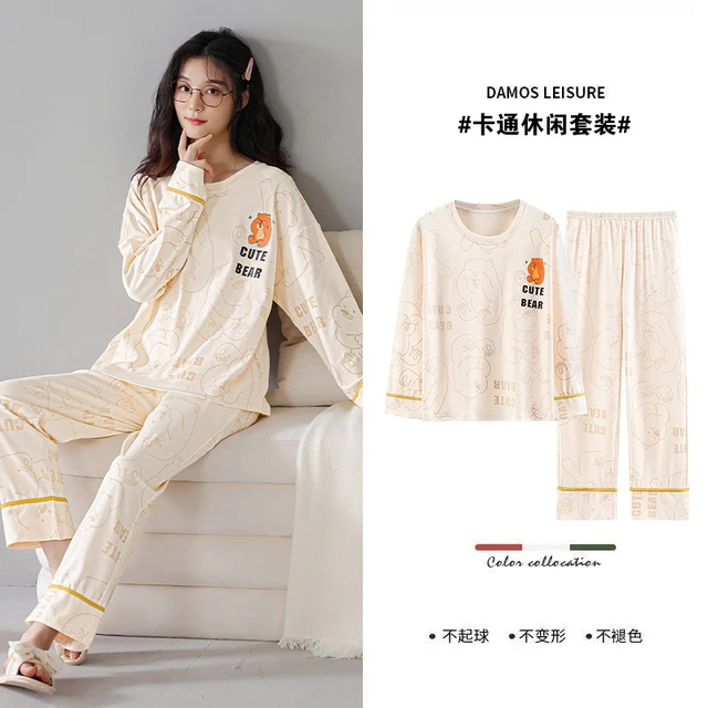 New Sleepwear Cartoon Cotton Pajamas for Women Long Pants Autumn