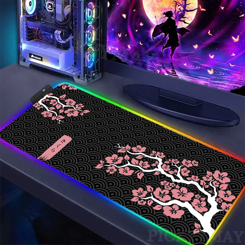 

Sakura Large LED Desk Mats XXL RGB Mousepad Pink Cherry Blossom 90x40cm Backlit Keyboard Mat Table Pad Gamer Luminous Mousepads