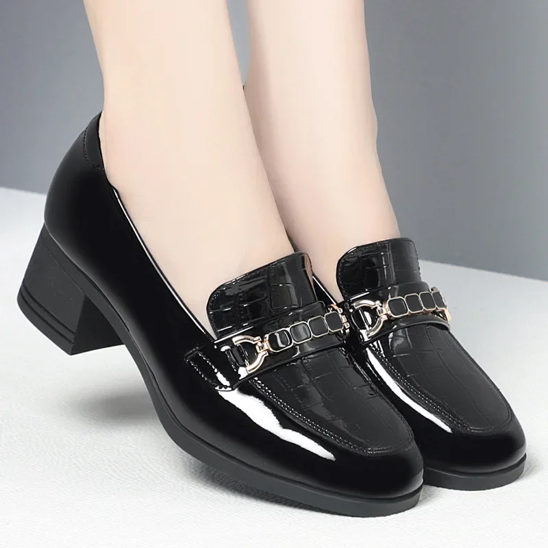 Vintage British Style Patent Leather Shoes Deep Mouth Women Pumps 2024 Spring Block High Heels Shoes Women Office Model Loafers 4