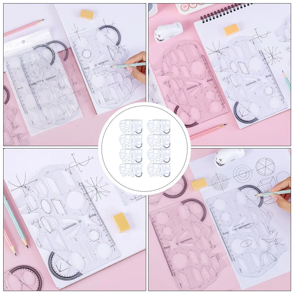 8Pcs 프리미엄 투명 기하학적 자 세트 수학 기능 그래프 그리기 템플릿 학교 문구 용품 제도 도구
