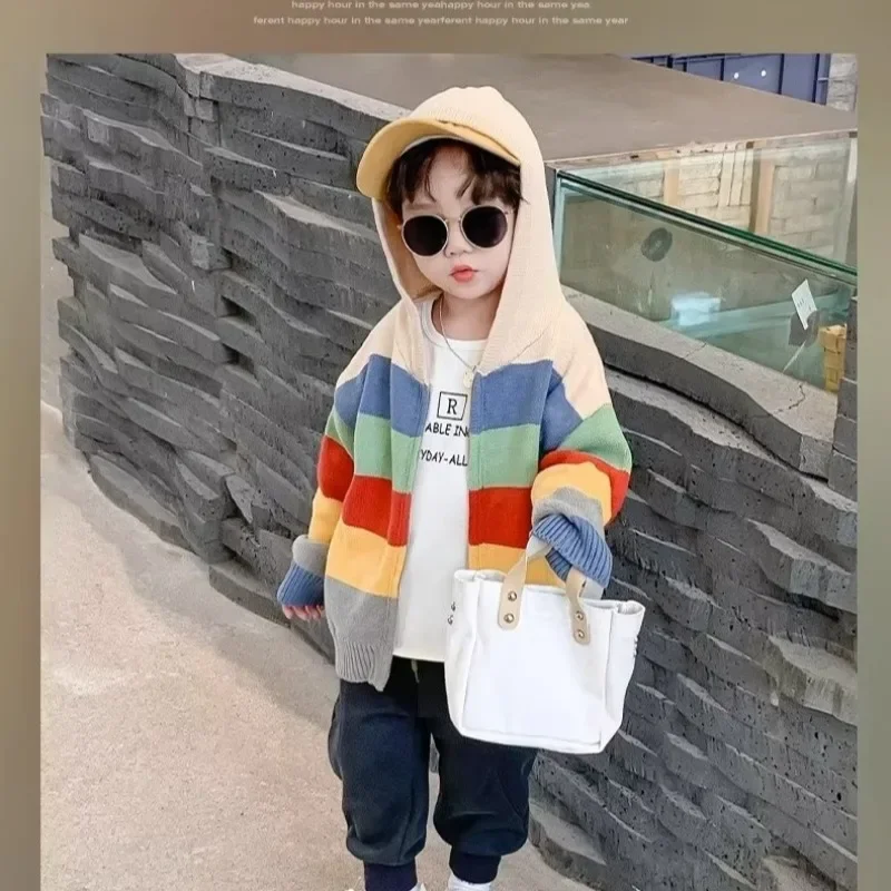 어린이용 니트 가디건 상의 재킷, 2023 가을 컬렉션, 새로운 스타일, 여성 남아용 후드 컬러 블로킹 스웨터