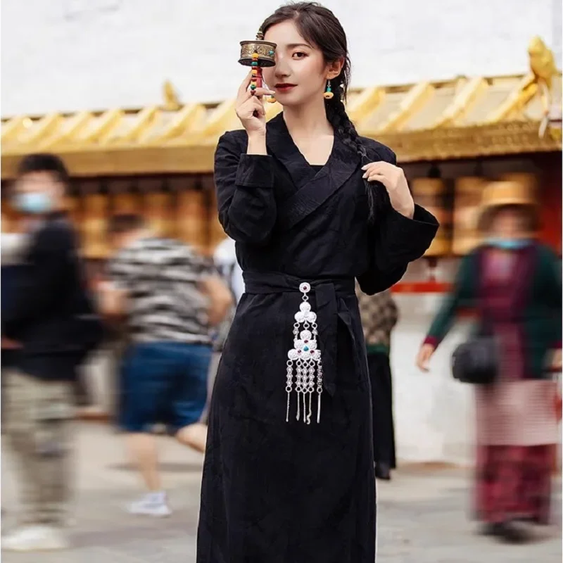 

Red Tibet Clothing Lady Long Sleeve Slim Fit Bo La Dress Tibetan Girl Bola Long Robe Kangba Traditional Fashion Dance Black Gown