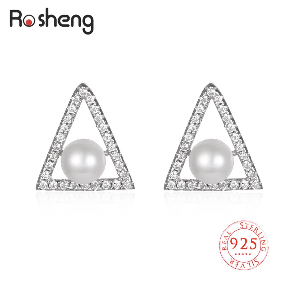

925 Sterling Silver Stud Earrings Shell Simulated-pearl Round Gems Zircon Triangle Earrings for Women Fine Jewelry Exquisite