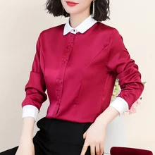 

2022 Spring Fashion Silk Women Shirts Polo-Neck Long-sleeve Blouse Basic Solid Button Up Shirt Elegant Ladies Tops Woman Cloting