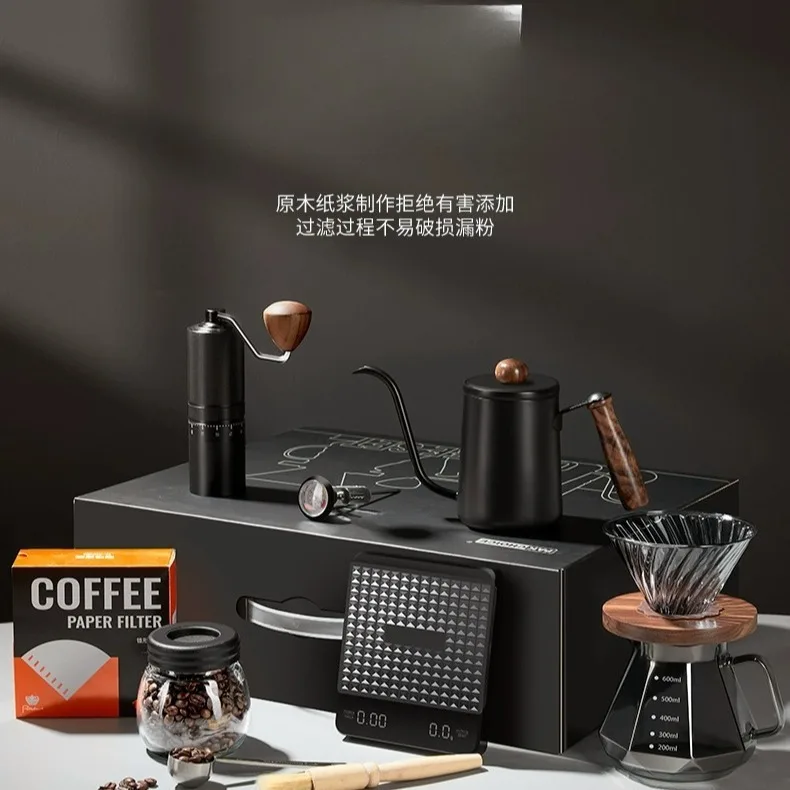 1-4people Portable Hand Brewed Coffee Set Maker 600ml High Borosilicate Glass Pot CNC Bean Grinder Thermometer Gift Package 3