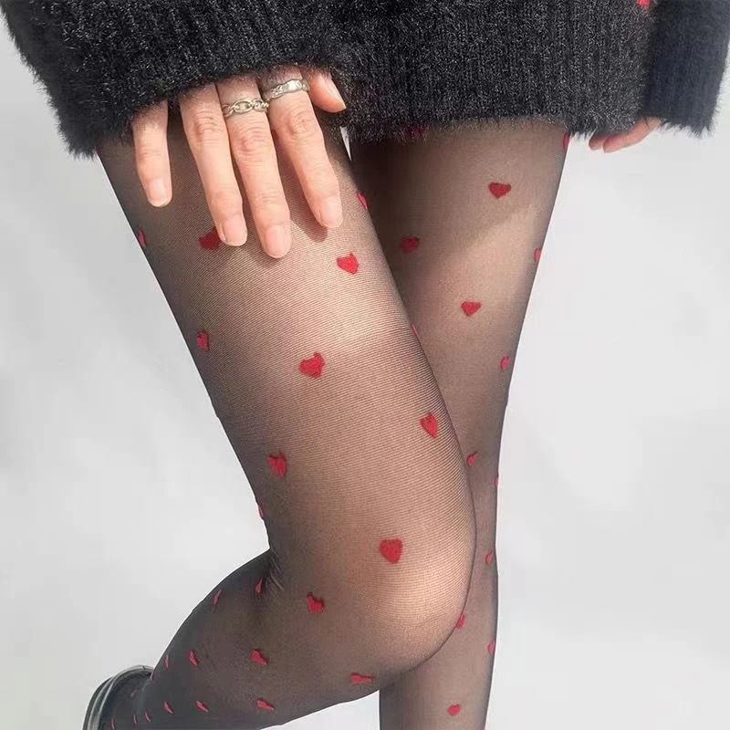 Sexy Black Stockings Women Heart Tights Small Stockings Thin Vintage Faux Tattoo Thigh Sheer Pantyhose Female Elastic Hosiery