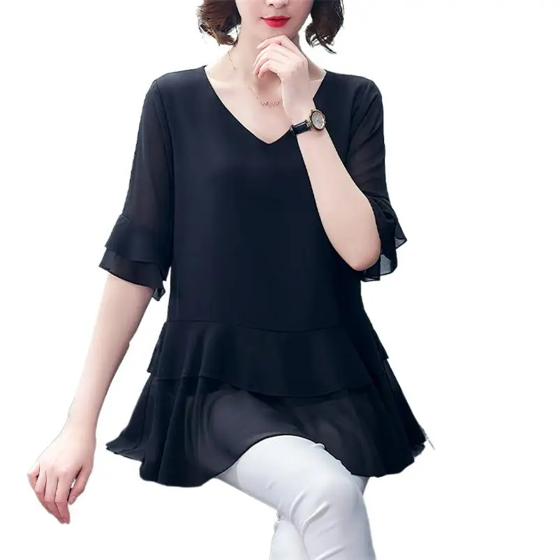 

Women V-Neck Half Sleeves Chiffon Shirts Lady Elegant Ruffles Tops Female Soft Slim Casual Shirts Simple Tops