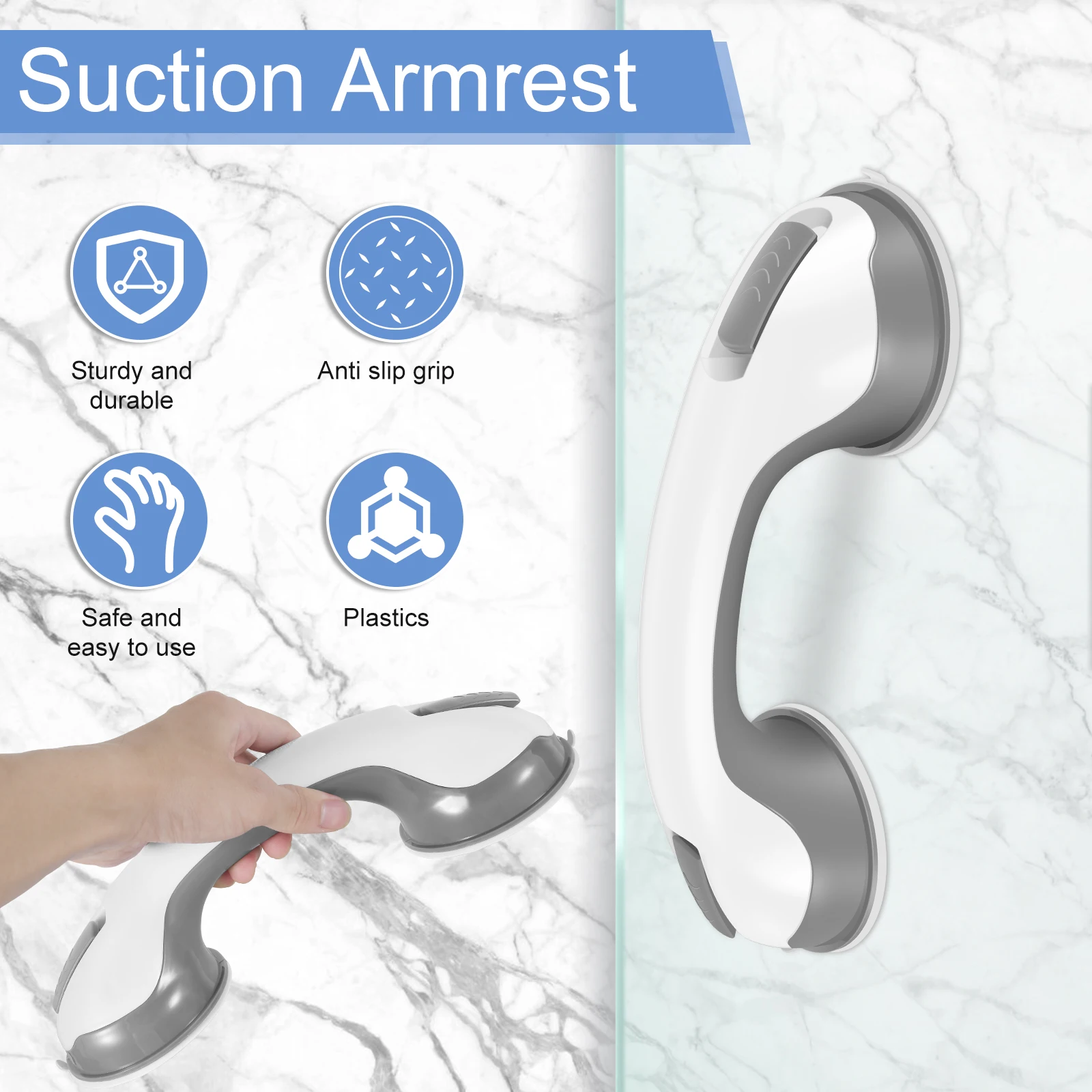 2pcs Shower Handle Anti-Slip Sturdy Bathtub Safety Handle Strong Hold Suction Cup Bar Handle No Drilling For Handicap Elderly