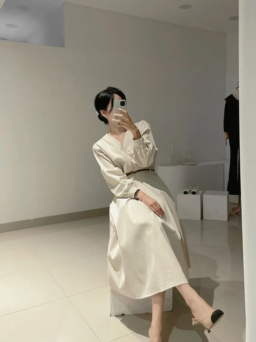 Korean Fashion V-neck Midi Dresses for Women with Belt Long Sleeve A-line Office Lady Autumn New Elegant Solid Female Clothing