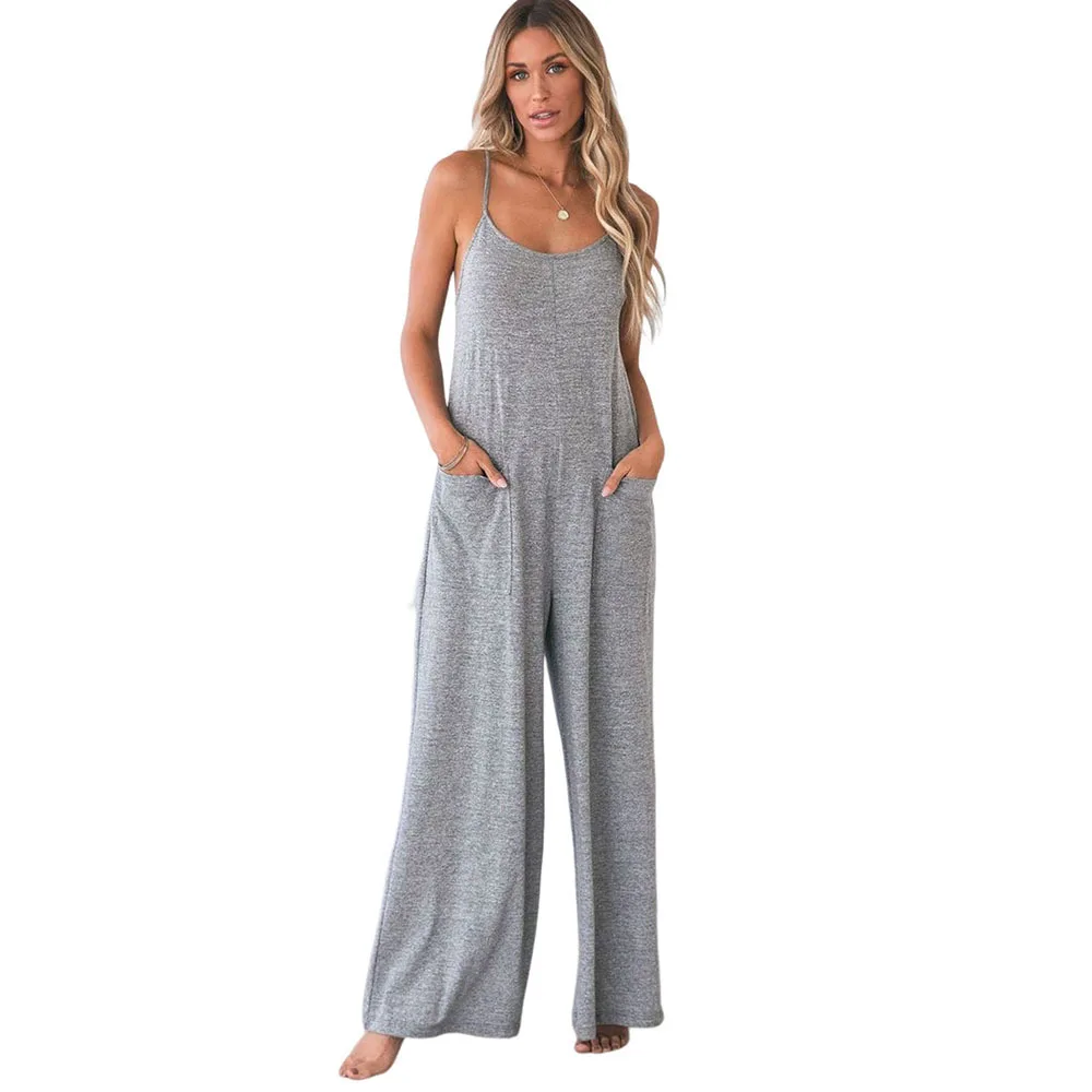 

Comfortable Summer Personalized Suspender Wide Leg Casual Jumpsuit Women's Solid Youth Suspender Pants Overalls with Pockets