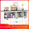 Kids Toy Storage Organizer with Bins, Children Daycare Shelf w/Blackboard Top, Wooden Toy Box w/Wheels & Drawers 1