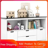 Kids Toy Storage Organizer with Bins, Children Daycare Shelf w/Blackboard Top, Wooden Toy Box w/Wheels & Drawers 1