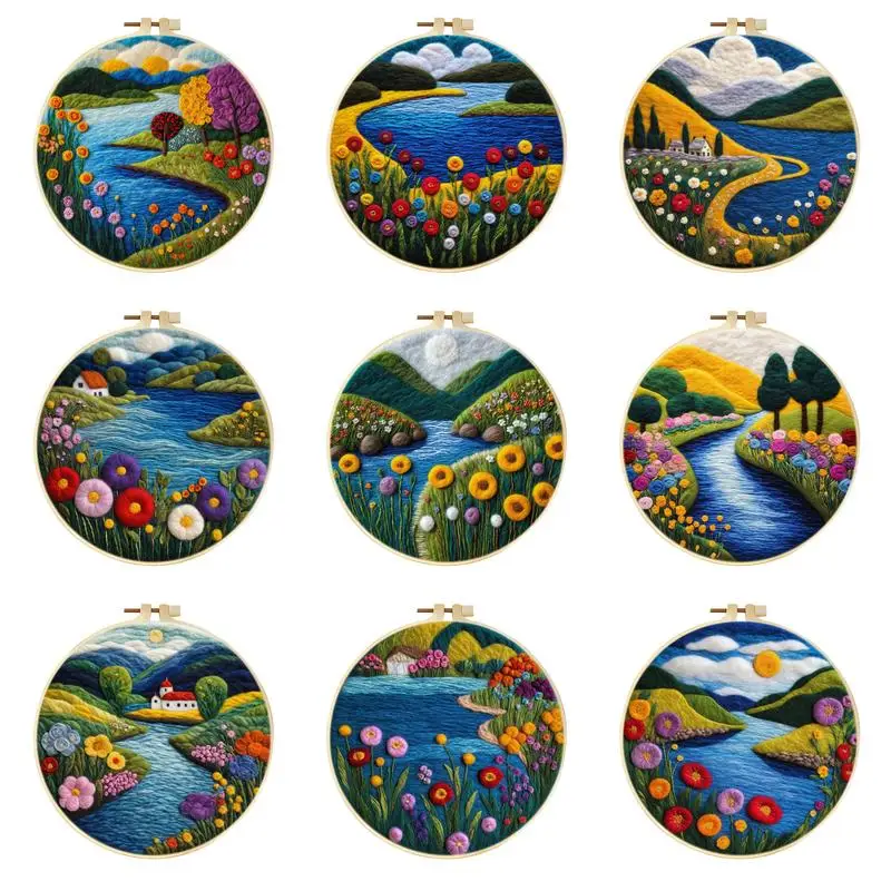 CHENISTORY River Scenery Painting Diy Wool Embroidery Kit Creative Flowers Wool Needle Felt With Frame Picture Kit Craft Paint