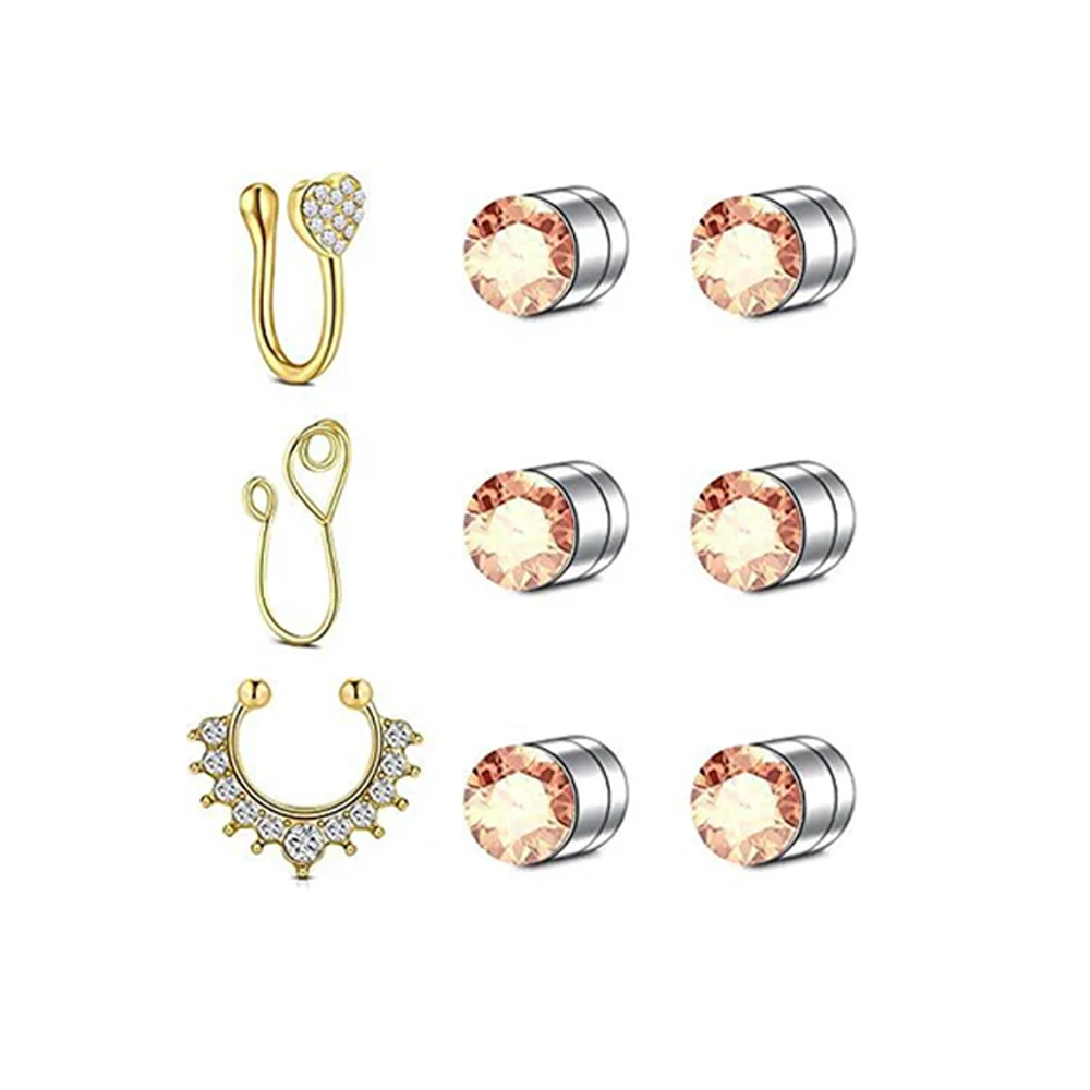 16Pcs/Set Fake Nose Ring Hoop Septum Rings Stainless Steel Lip Ring Earring Faux Piercing Jewelry Non-Pierced Nose Magnetic Stud