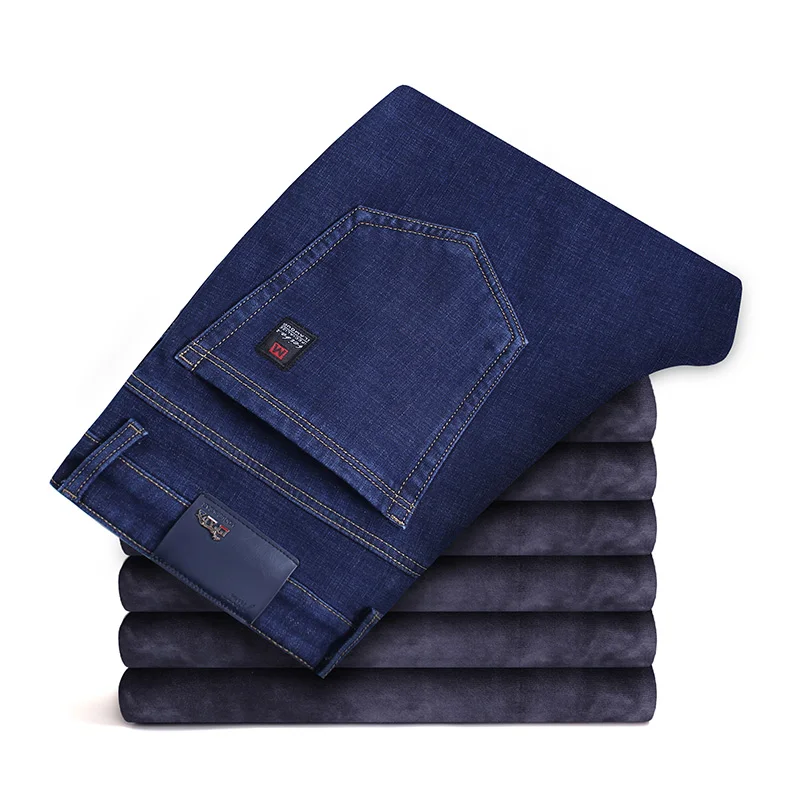 2022 Winter New Men's Fleece Warm Jeans Classic Style Business Casual Thicken Regular Fit Denim Pants Black Blue Brand Trousers images - 6