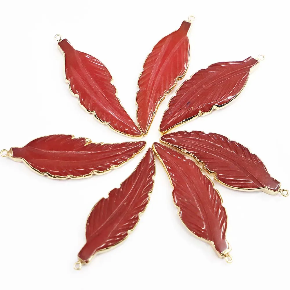 Natural Stone Red Leaf Feather Shape Necklace Pendant Sweater Chain Stylish Charm Fashion DIY Jewelry Accessories Wholesale 4Pcs