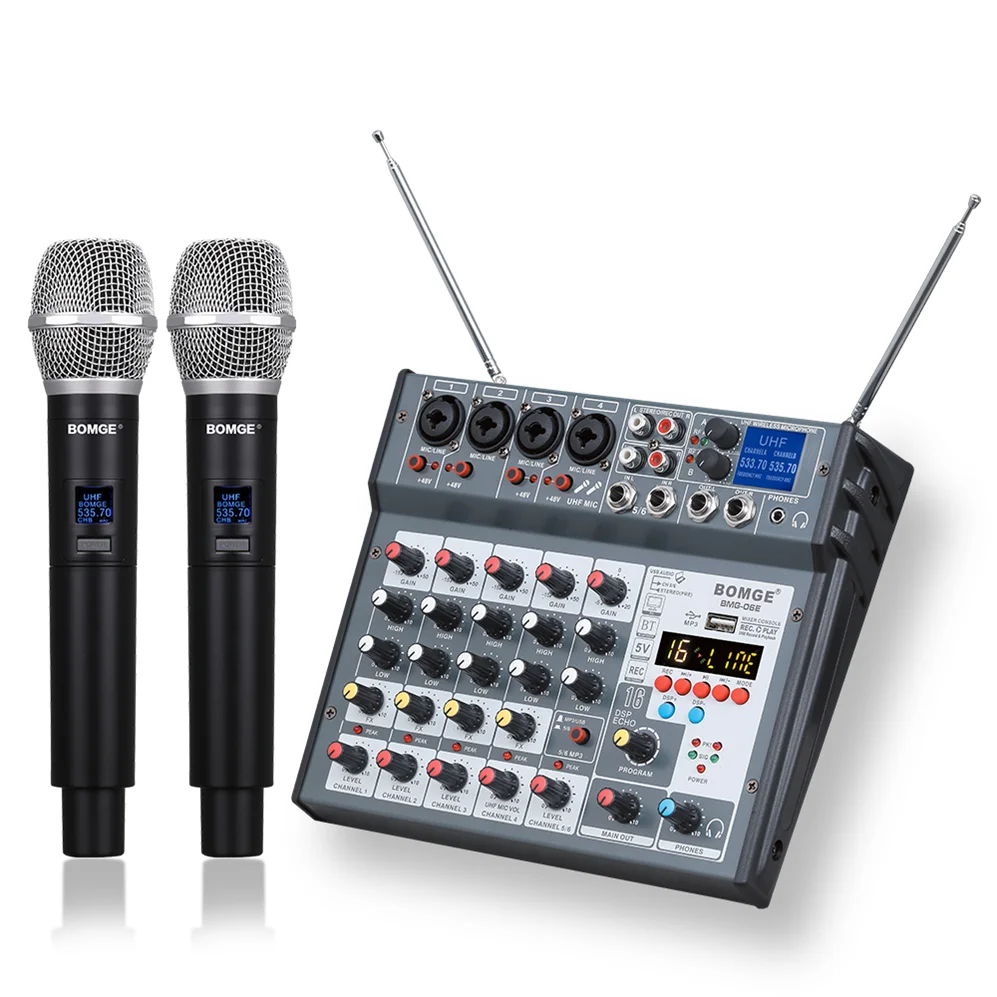BMG-06E USB 전문 오디오 믹서 디지털 믹싱 콘솔, BT 연결 가능, 무선 원격 마이크 2 개 장착