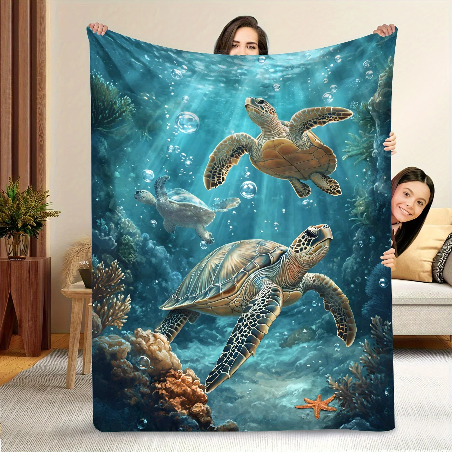 [Sea Turtles Blanket] Deep Sea Three Sea Turtles Pattern Blanket - Gift ...