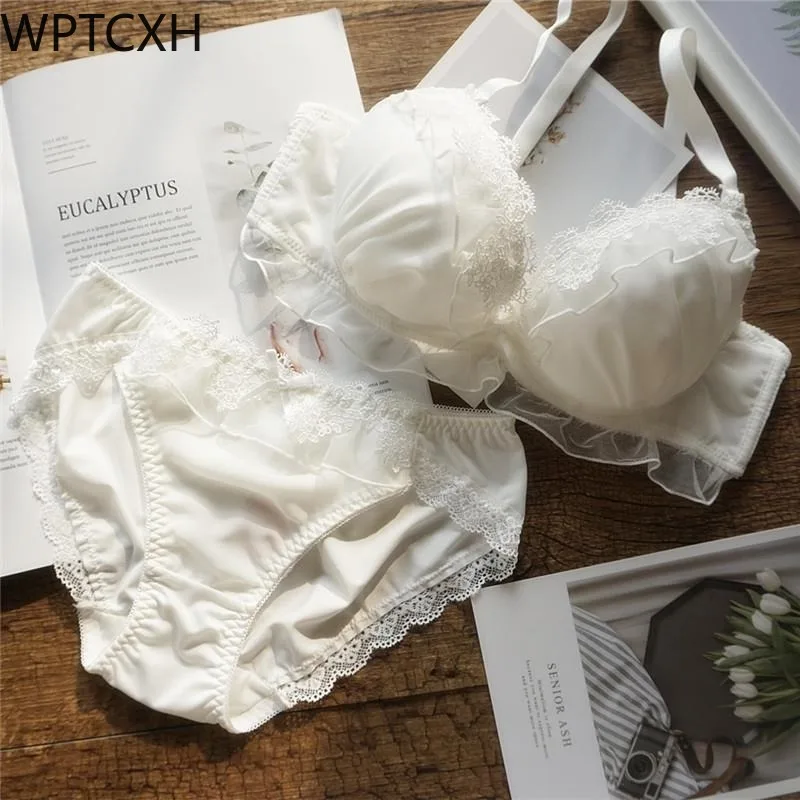 

Japanese Girls Cute Pure White Chiffon Thin Cup Large Underwire Push-up Bra Sets Plus Size Ladies Comfortable Lingerie Suit