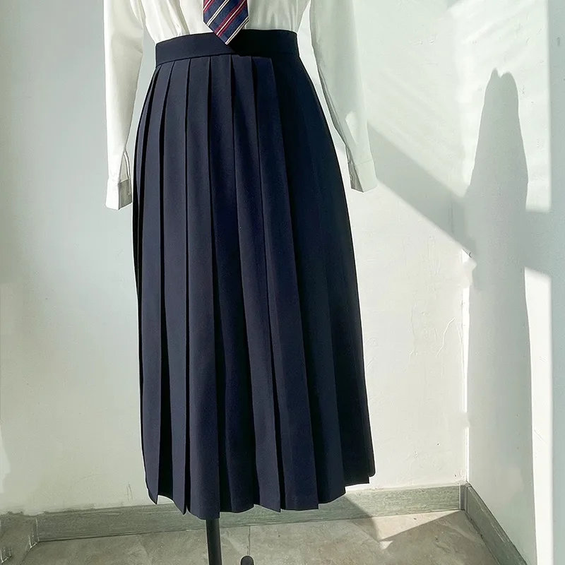 Navy Blue Pleated Skirt 80CM Spring Autumn Skirt Female High Waist