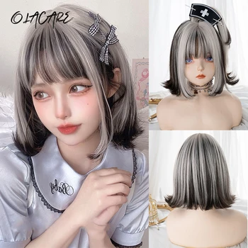 OLACARE Short Black Gray Highlight Bangs Synthetic Wig Lolita Cosplay Fashion Daily High Temperature Resistant Wig Woman 1
