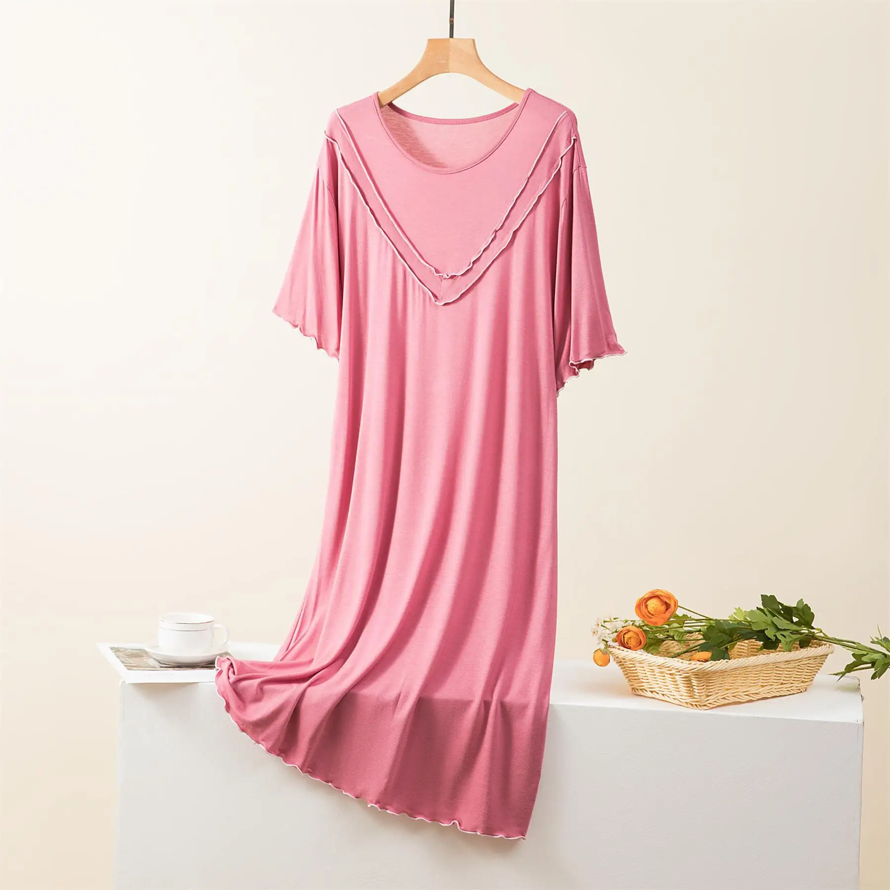 2023 New Summer Women's Nightdress modal Short Sleeve Long Dress Ladies Long Skirt Thin Large Size Short Sleeve Loose Home Dress