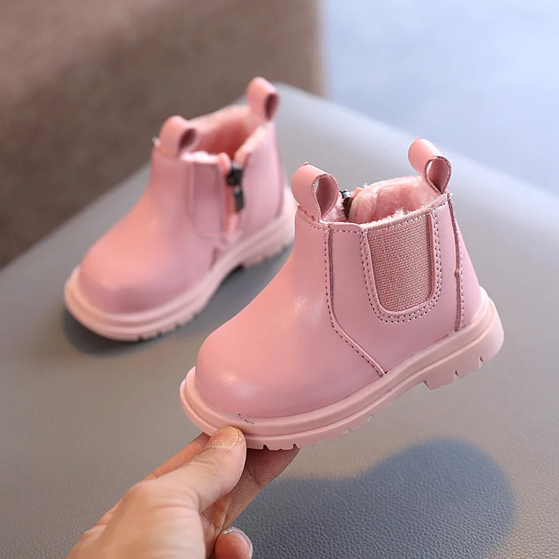 Baby Boots Autumn Winter Infant Warm Fur Shoes Newborn First Walkers Baby Toddler Boy Girl PU Leather Ankle Boots Beige, Pink