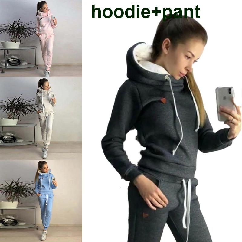 Women's Fleece High Collar Hoodie+Pants Two Piece Set Women's Solid Color Warm Hoodie Set High Collar Long Sleeve Set