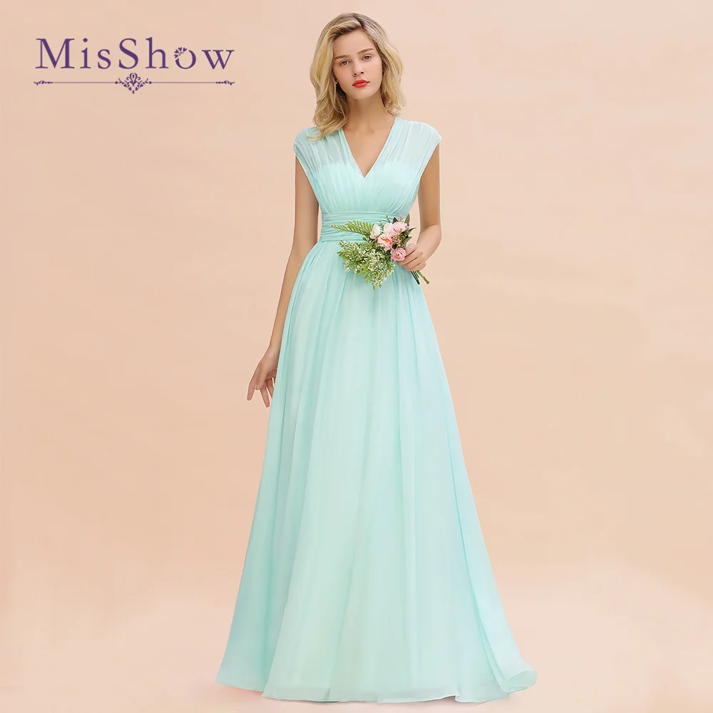 

MisShow Mint Green Long Bridesmaid Dresses 2022 New V Neck Pleated A Line Chiffon Prom Party Gowns Vestidos Elegantes Para Mujer