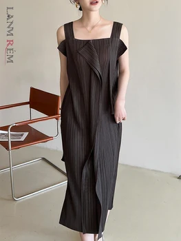 LANMREM Niche Chic Splicing Straps Pleated Dress Women's 2025 New Loose Causal Straight Sleeveless Black Summer Dresses 2DB3075 1