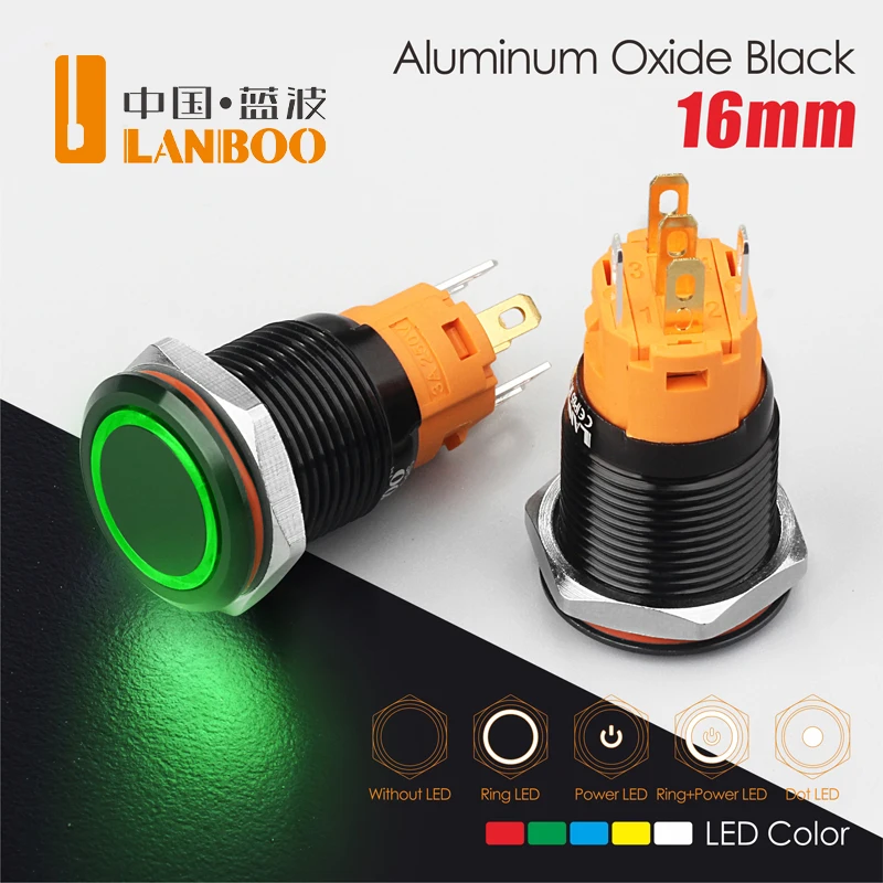 16MM aluminum oxide black 12v 36v 110v 250v 3A latch plat on off switch ...
