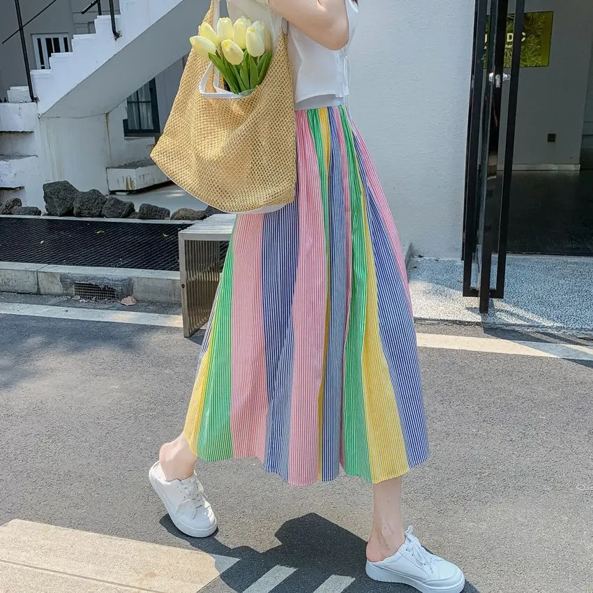 

Simple colorful striped basic loose high waist elastic women fashion skirts