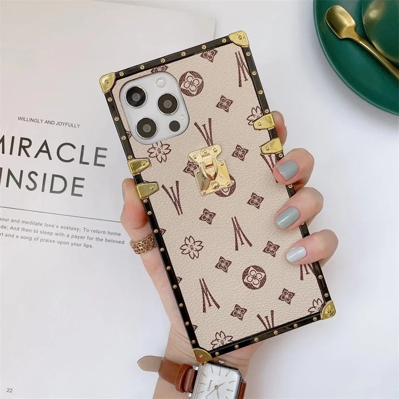 Luxury Geometric Leather Phone Case - Fashion Square Design