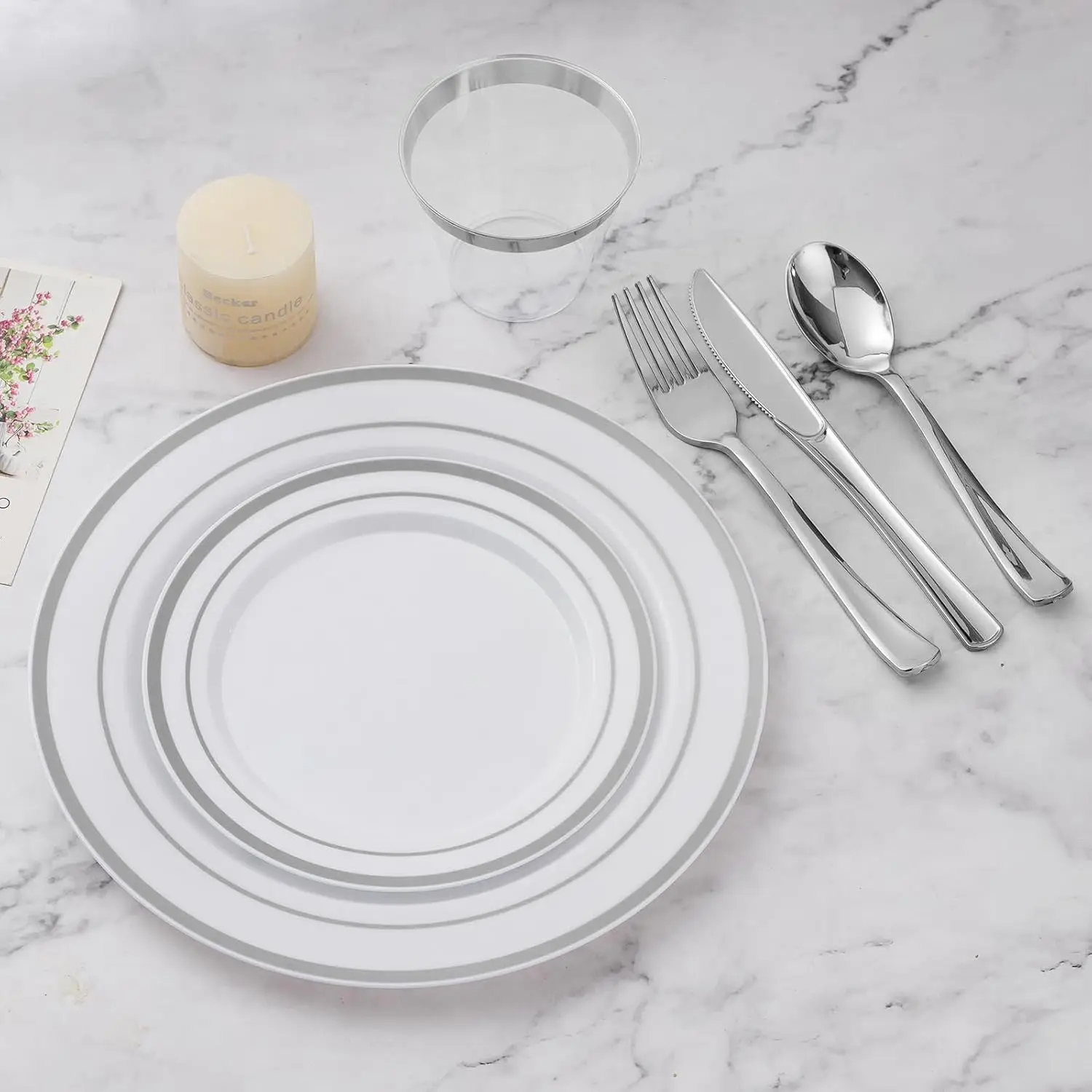 600PCS Plastic Dinnerware Set (100 Guests), Silver Disposable Plates for Party, Wedding, Includes: Dinner, Dessert, Cups, Spoons