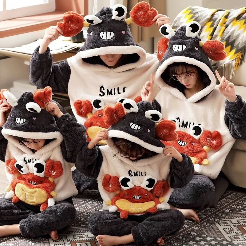 Conjuntos de Pijamas gruesos para padres e hijos, ropa de dormir de Anime para hombres y mujeres, ropa de dormir de dibujos animados de gato, trajes coreanos con capucha para invierno
