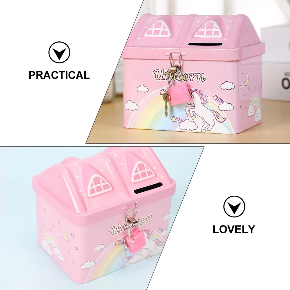 Unicorn Piggy Bank for Girls Banks Kids Cartoon Present House Shape Pink Tinplate 4