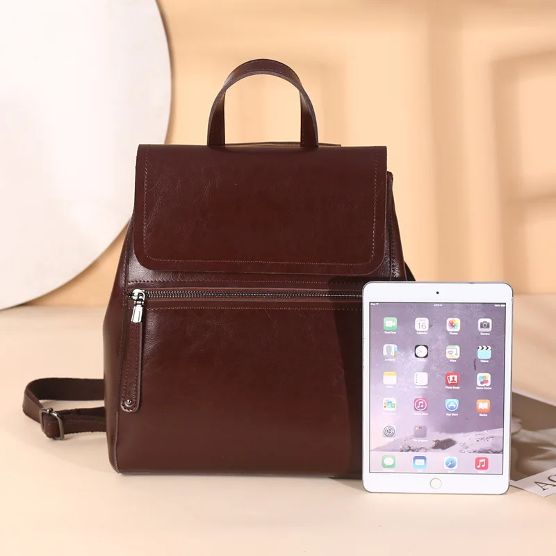 New Women 2023 Leather Backpack Fashion Pure Oil Wax Cowhide Retro Schoolbag For Teenage Gilrs Women