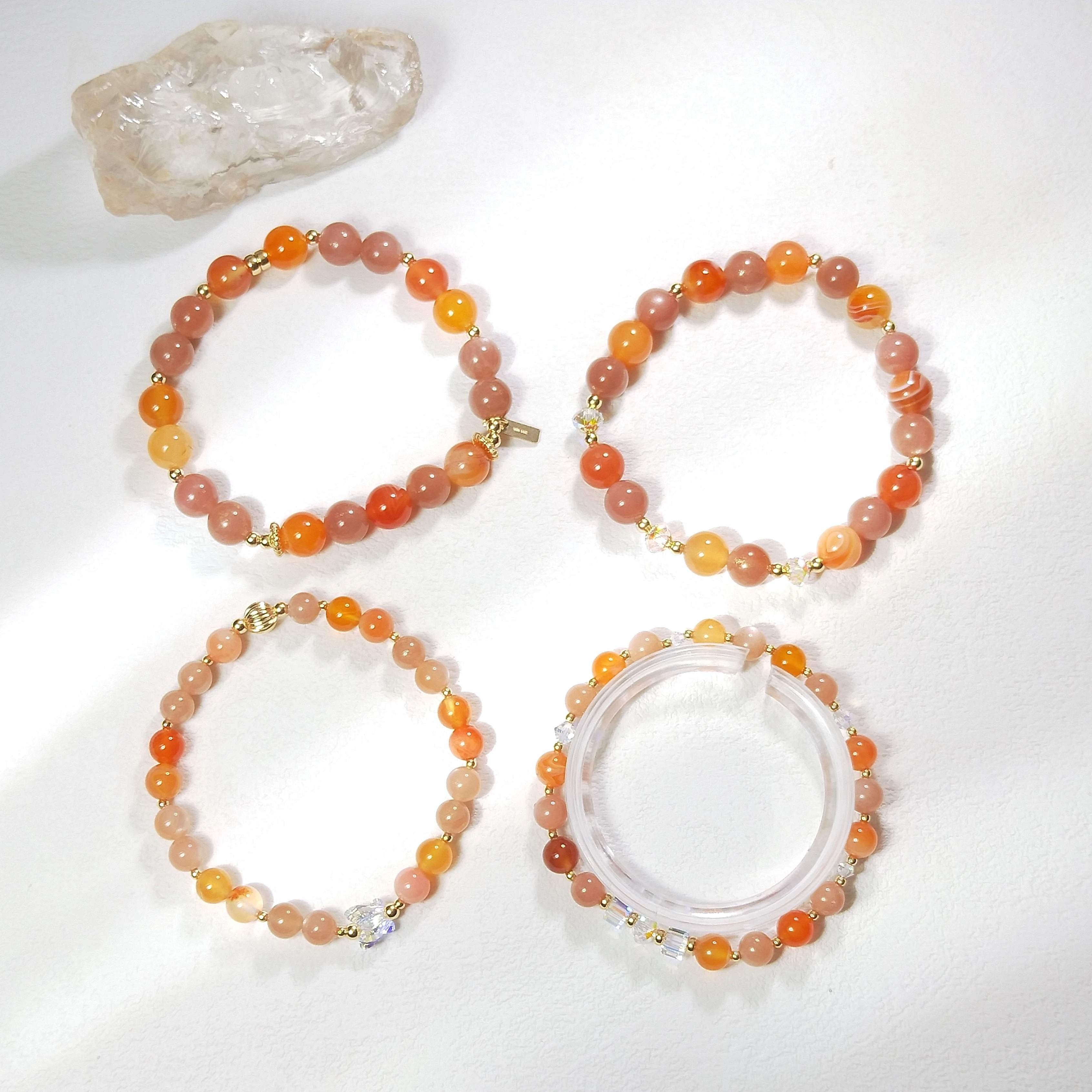 

Lii Ji Natural Stone Sunstone Carnelian 6/8mm With Crystal American 14K Gold Filled Elastic Bracelet