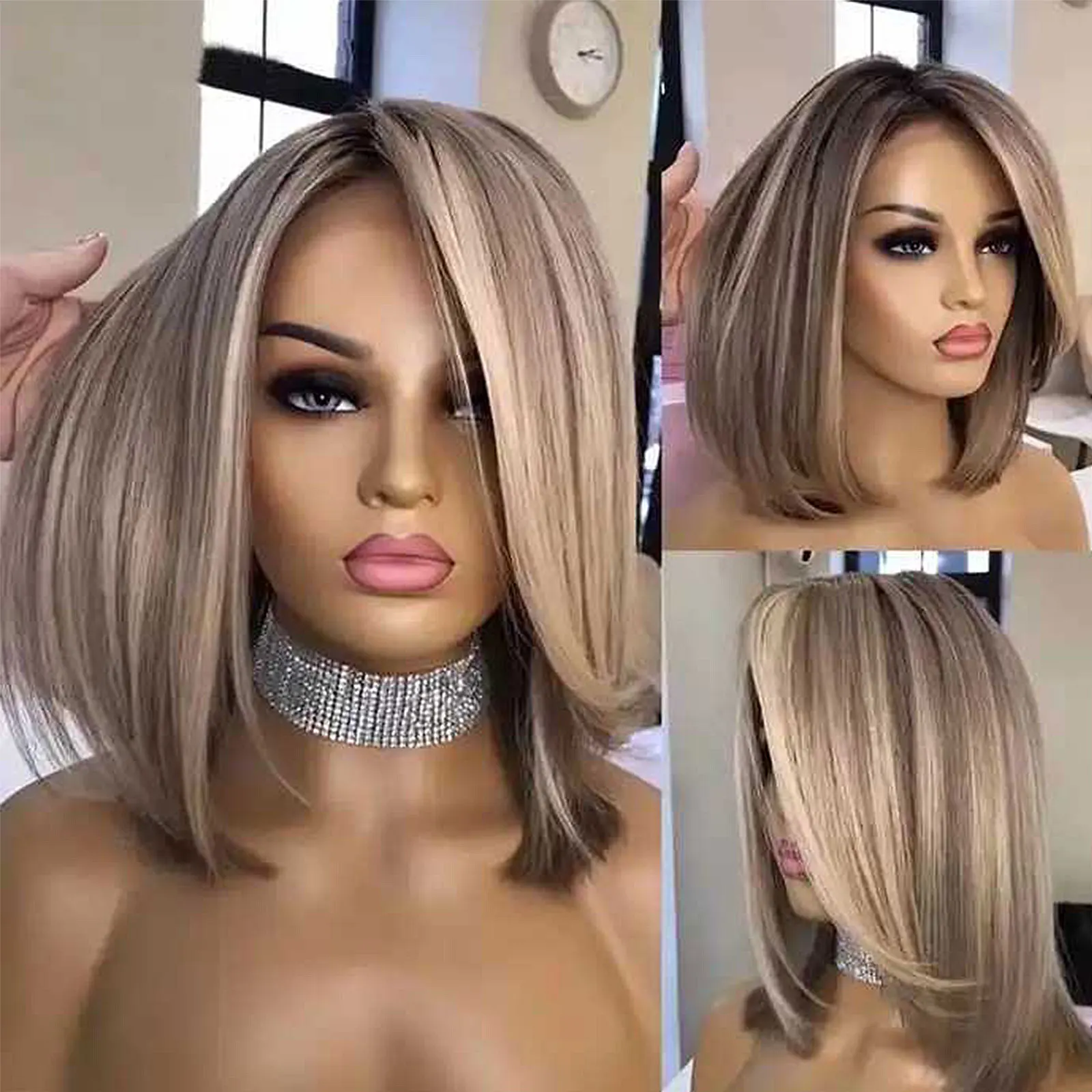 Synthetic Lace Front Wig Brown Blonde Highlight Short Bob Glueless for Women
