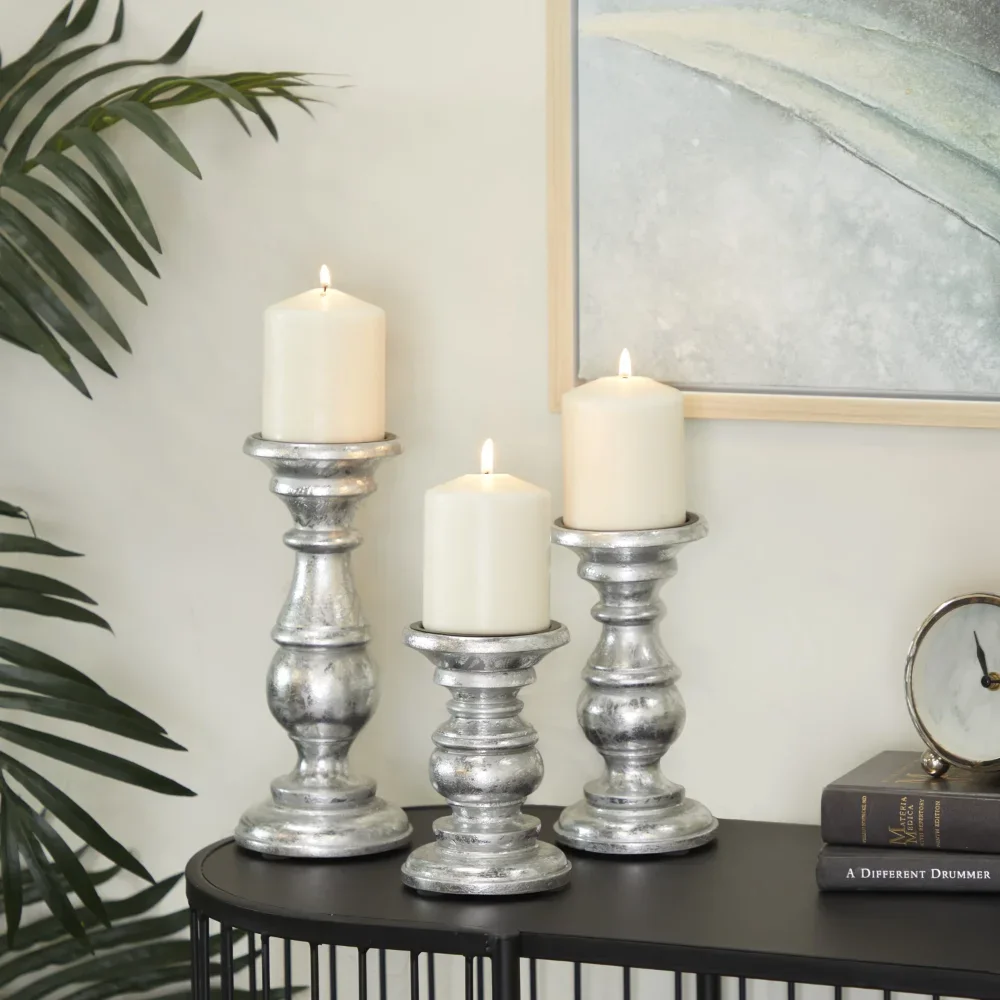 

DecMode 3 Candle Silver Mango Wood Turned Style Pillar Candle Holder, Set of 3