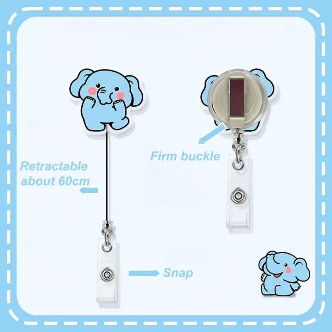 Cute Elephant Acrylic Badge Holder Cartoon Animal Retractable Badge Reel Nurse Doctor Office Use Clip ID Card Holder Badge Reel