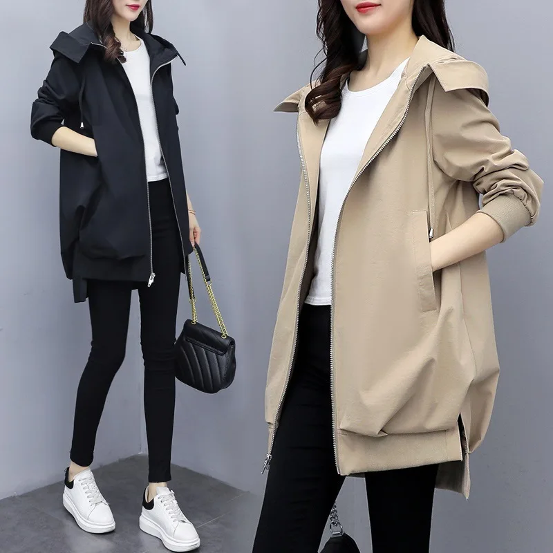 2024 Spring and Autumn New Korean casual style khaki slim hooded trench coat for women, medium length loose black medium length light khaki trench coat women s super nice single breasted coat spring and autumn small senior sense trench coat