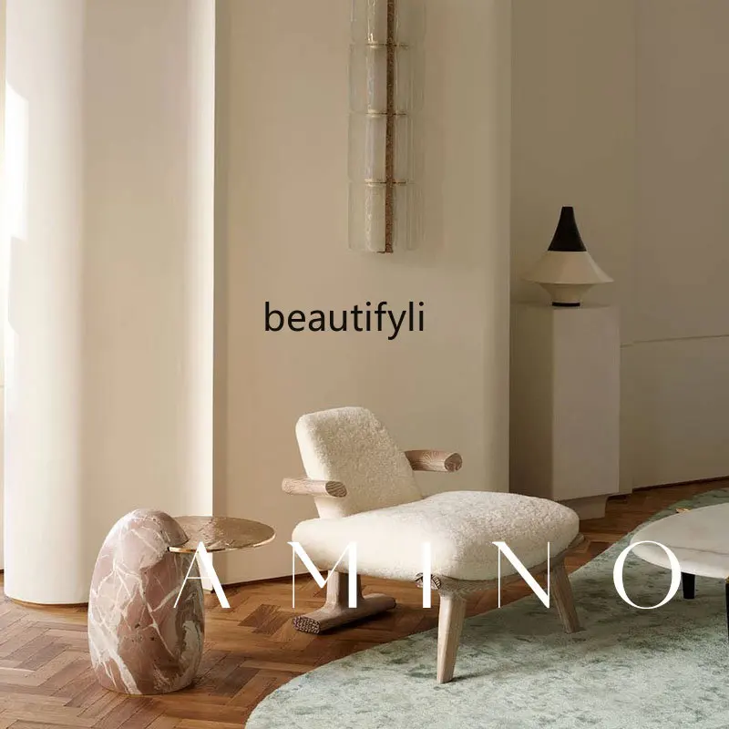 

yj Light French Retro Horn Art Lambswool Solid Wood Sofa Chair Black Walnut Chair
